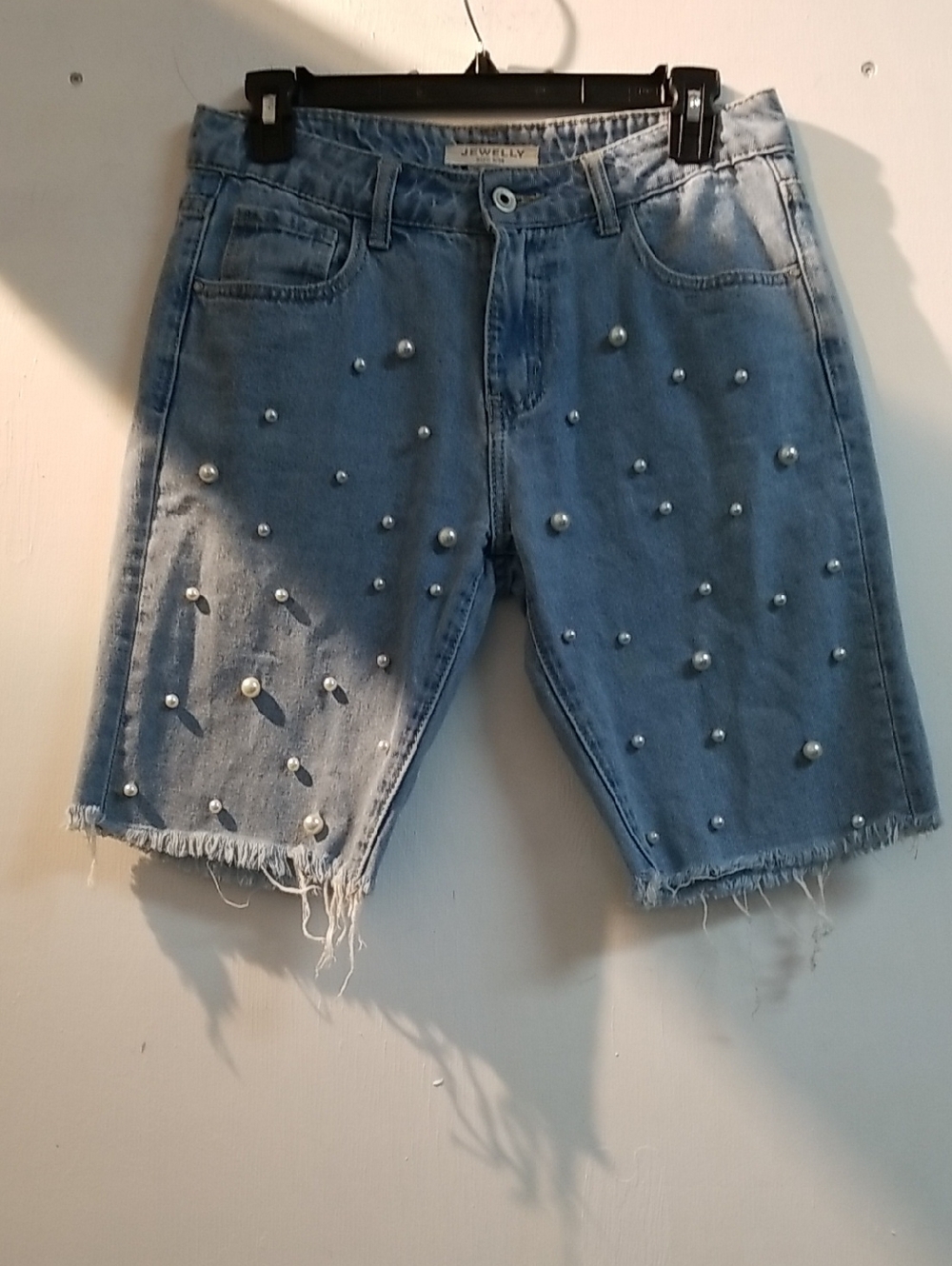 Pearl-Embellished Light Wash Denim Shorts